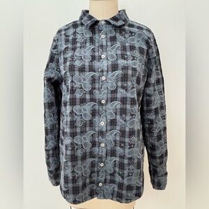 CP Shades Classic L/S Button-Up Shirt Blue Embroidered Paisley on Black Plaid M